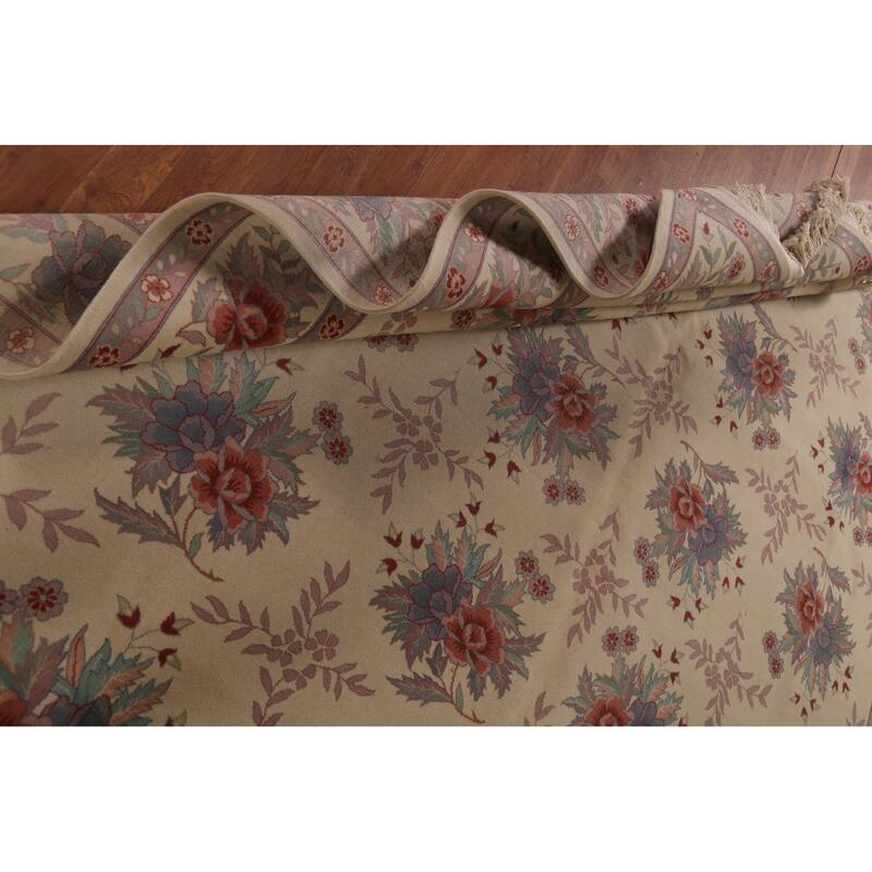 Floral Ivory Aubusson Chinese Area Rug Hand-Knotted Wool Carpet - 9'1"x 12'1"