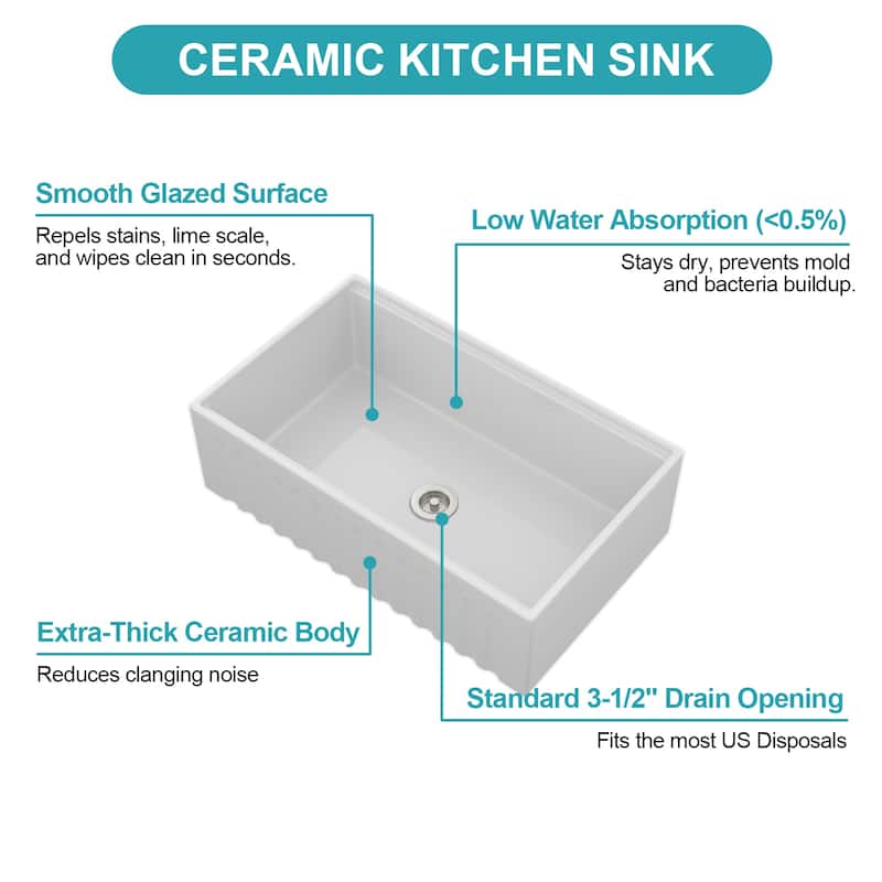 33" White Farmhouse Sink Workstation - 33 x 20 x 10 inch White Ceramic Porcelain Single Bowl Apron Front Kitchen Sink