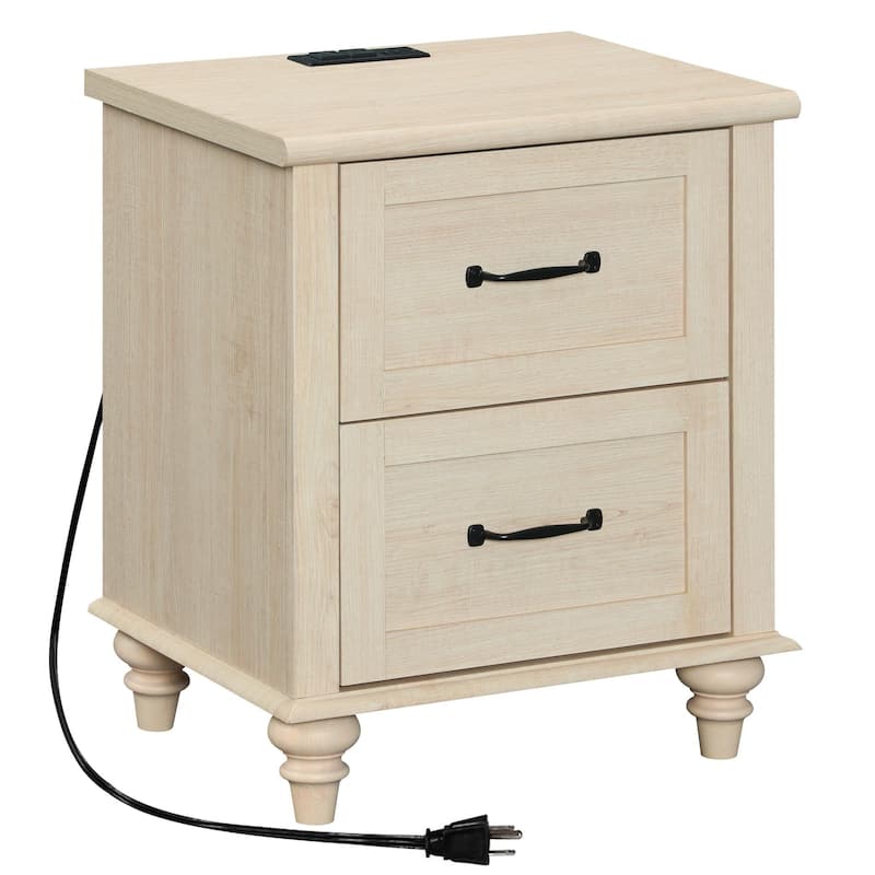 Mid Century End Table Nightstands with Charging Station & Drawer - 1 Piece - Antique Beige