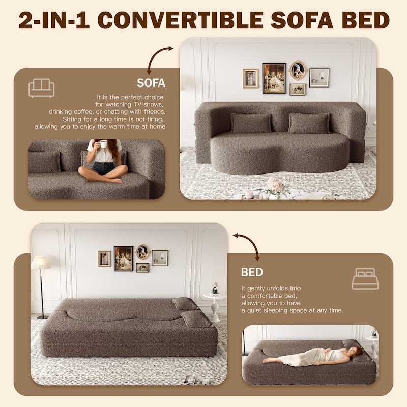 Convertible Floor Sofa with Teddy Fabric, Twin Mattress & No Assembly