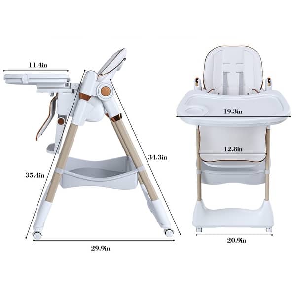 dimension image slide 1 of 2, Adjustable Foldable Baby High Chair with Tray and Wheels for 0 6 Years