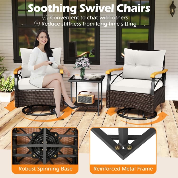 3 Piece Mix Brown Rattan Swivel Chairs Set with Cushions and Table - Chair: 27" x 25" x 33.5"