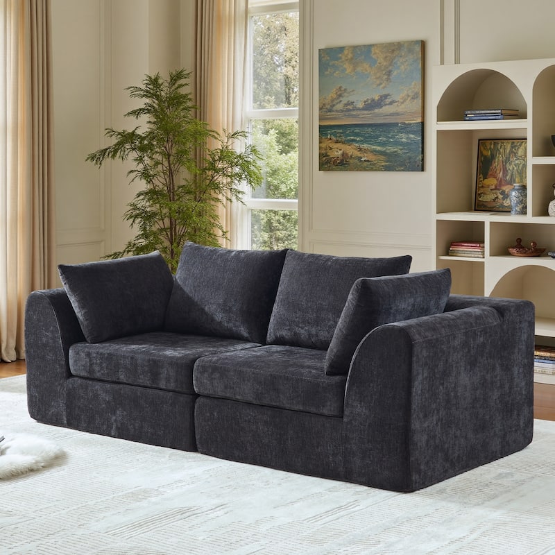 86.6 inch 2 Seater Sofa Cloud Couch Two Layers Deep Seat Chenille Boneless Couch with Armrest Pillow Couches - Dark Grey