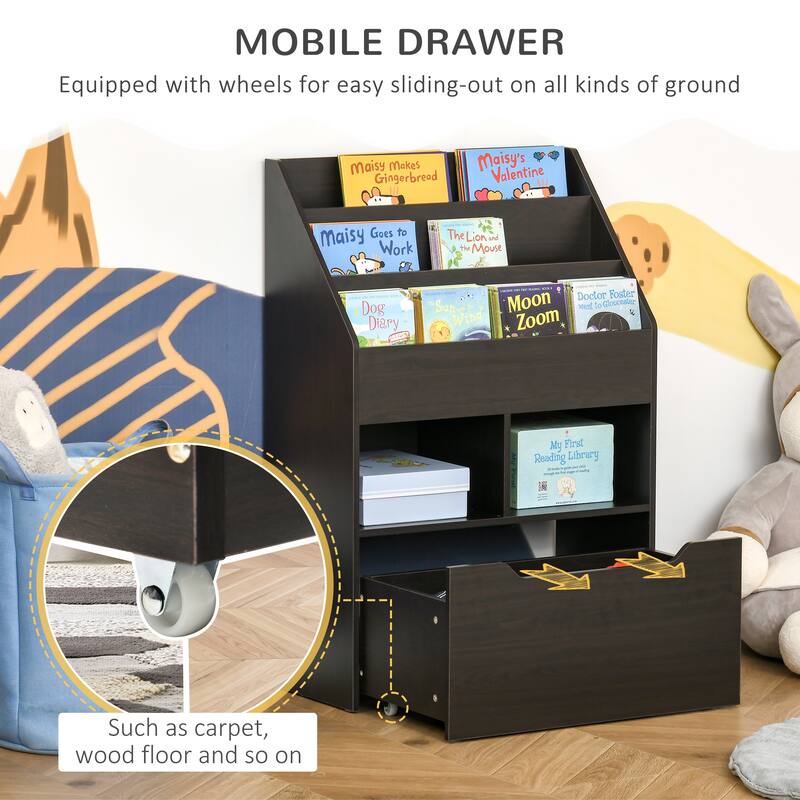 Kids Bookcase Multi-Shelf Rack Organizer with Storage Drawer for Books, Playroom, Brown