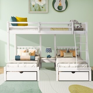 Full Over Twin & Twin Bunk Bed, Wood Triple Bunk Bed with Drawers, Ladder, and Guardrails, No Box Spring Needed