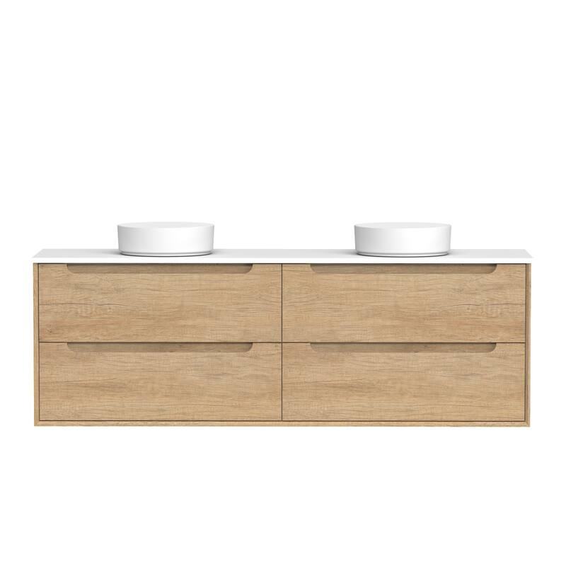 72" Solid Wood Bathroom Vanity with White Quartz Countertop Ceramic Vessel Sink - Round Sink