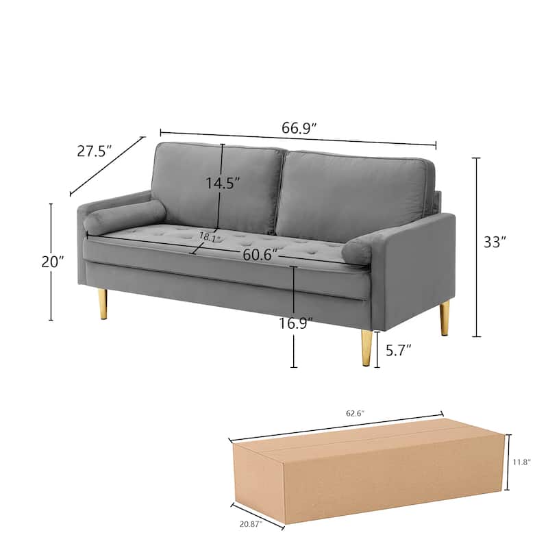 Velvet Loveseat Upholstered Corner Sofa Tufted Couch with 2 Cylindrical Pillow for Living Room 2-seat Armchair