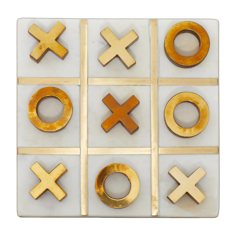 White or Black Marble Tic Tac Toe Game Set with Gold Inlay and Wood Pieces