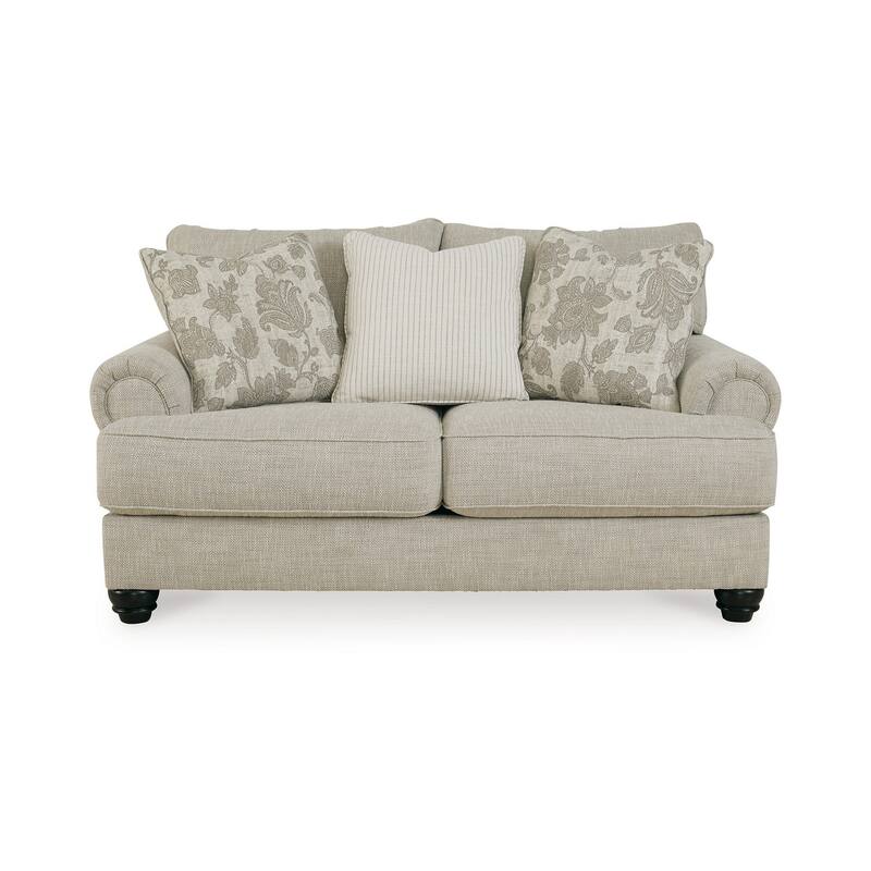 Asen 71 Inch Loveseat with 3 Accent Pillows, Roll Arms, Polyester, Beige