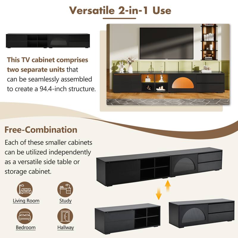 Modern TV Stand with Fluted Glass Door,2 Drawers and LED Light