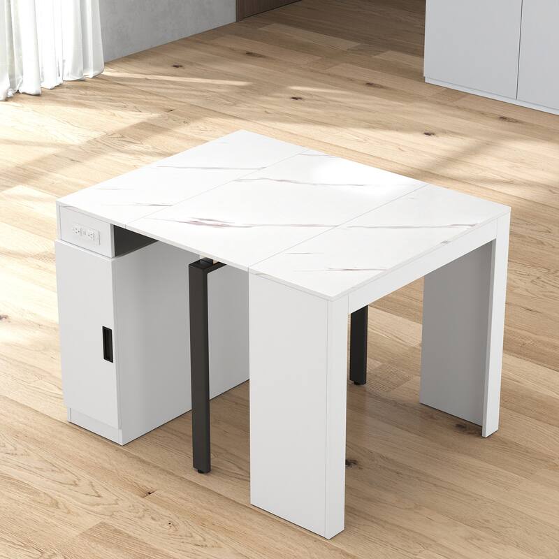 Modern Extendable Dining Table with Outlet & Storage, Space-Saving Expanding Table for Party & Meetings