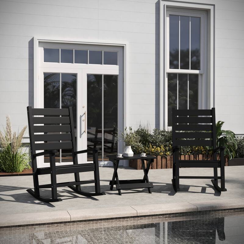 3pc Commercial Indoor/Outdoor Set with 2 Rocking Chairs and End Table - Black