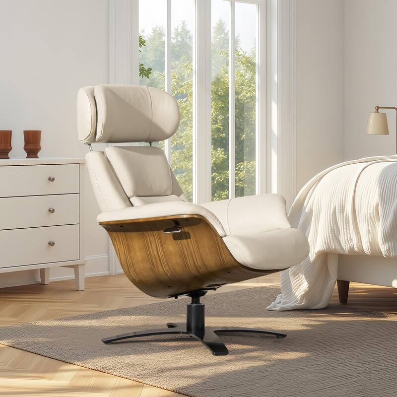 Jovan 31.5" Curved Wood Genuine Leather Recliner Lounge Chair - Pastel Beige Leather