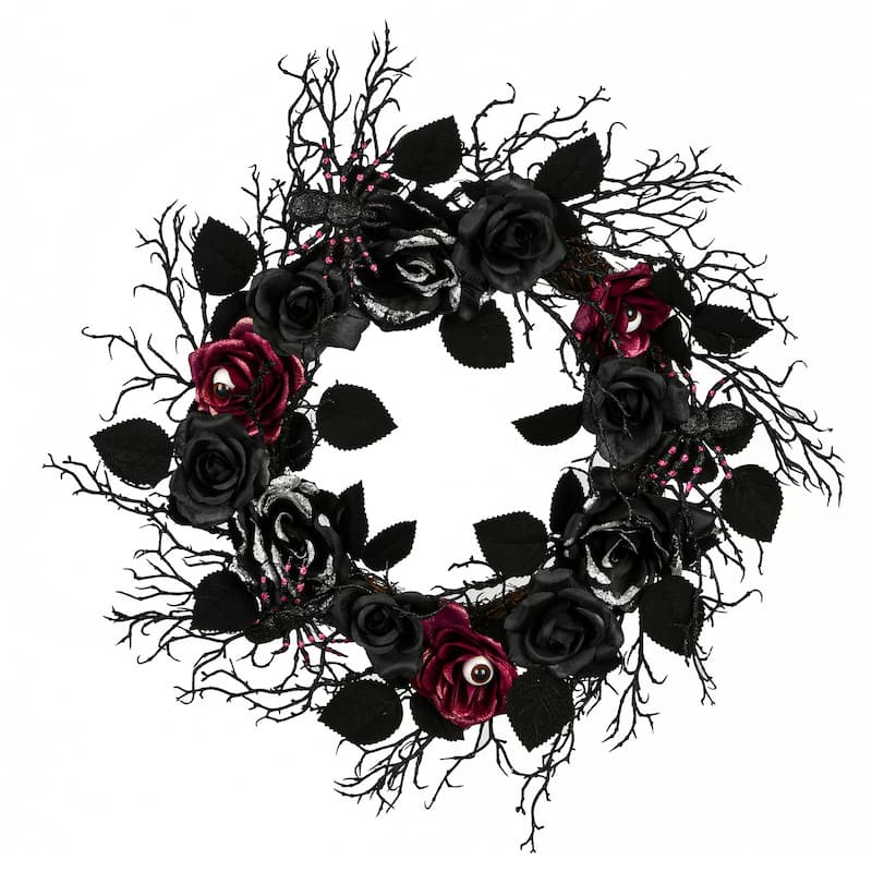 National Tree Company Halloween Artificial Spooky Wreath, Black, Decorated with Roses, Leaves, Thorny Branch Base, 22 Inches
