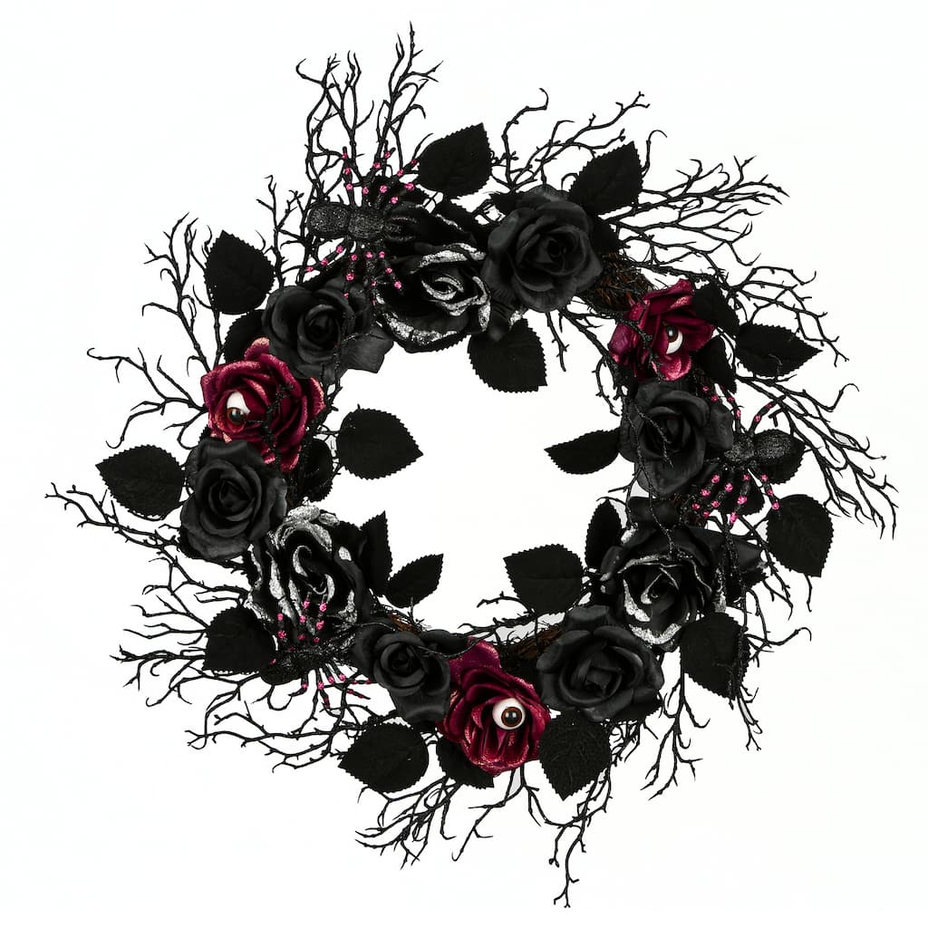 National Tree Company Halloween Artificial Spooky Wreath, Black, Decorated with Roses, Leaves, Thorny Branch Base, 22 Inches