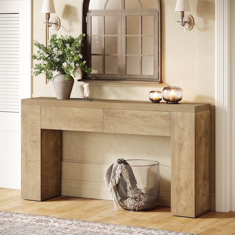 63-Inch Wooden Console Table, Farmhouse Rustic Brown Sofa Table