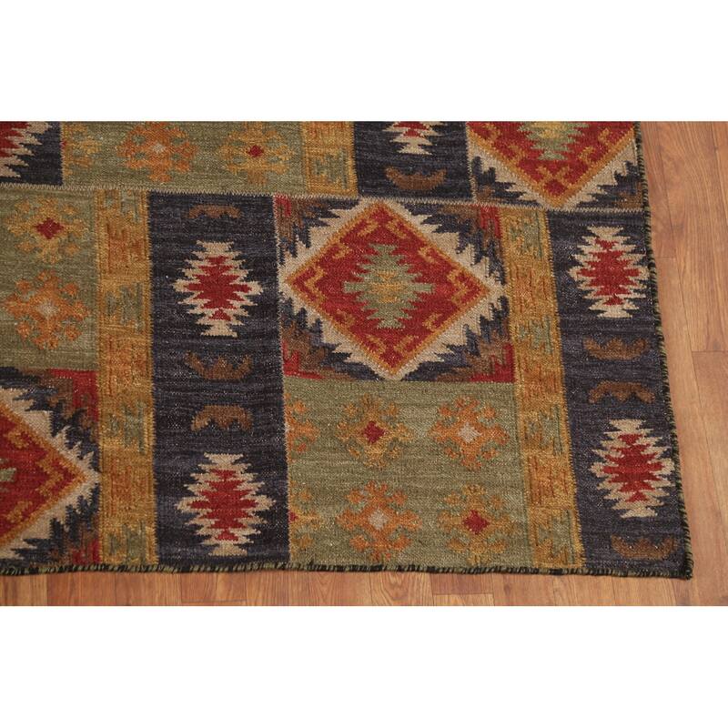 Geometric Kilim Indian Area Rug Flatweave Wool Carpet - 7'7"x 9'11"