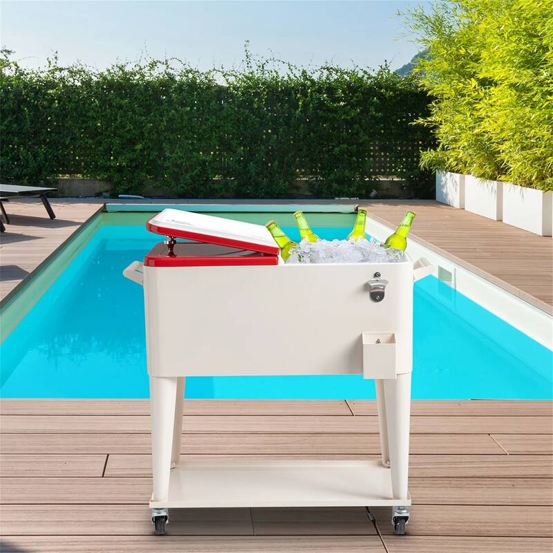 80 Quart Portable Rolling Cooler Cart with Shelf & Bottle Opener