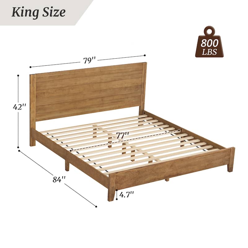 Mid-Century Modern Solid Wood Platform Bed with Headboard Queen/King/Full Size