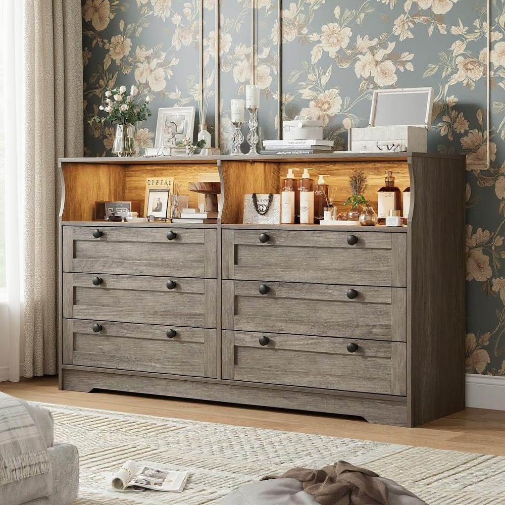 6 Drawer Large Wooden Dresser, with LED Light and Power Outlet