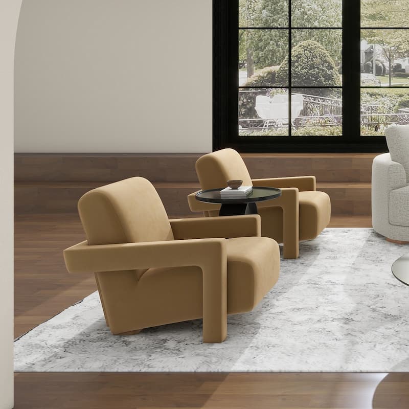 Ethan 28.5" Velvet Fully Upholstered Squared Arm Accent Chair - Set of 2 - Camel Brown Beige Performance Velvet