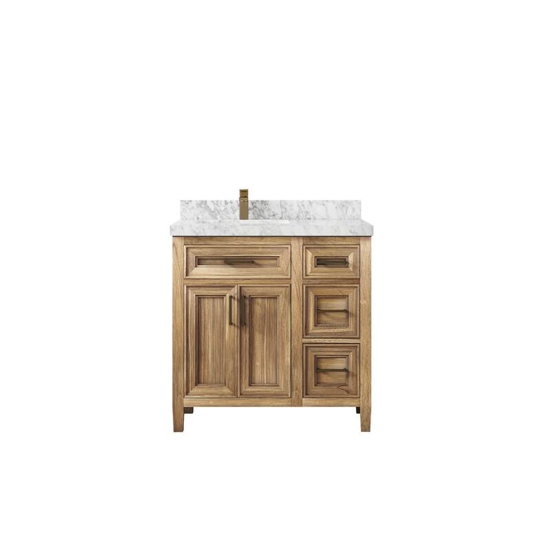 Willow Collections 36 in. W x 22 in. D Santa Monica Teak Left Offset Sink Bathroom Vanity with Countertop - 2" Carrara Marble - Whitewashed Teak