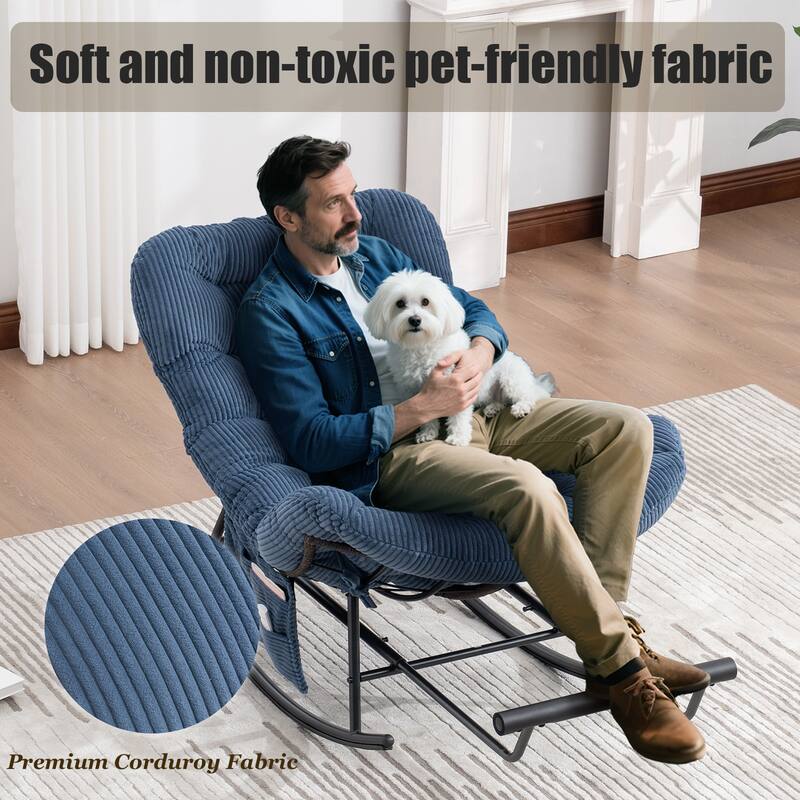 HOMEFUN Corduroy Upholstered Egg Shaped Design Steel Frame Rocking Chair with Side Pocket and Foot Pedal