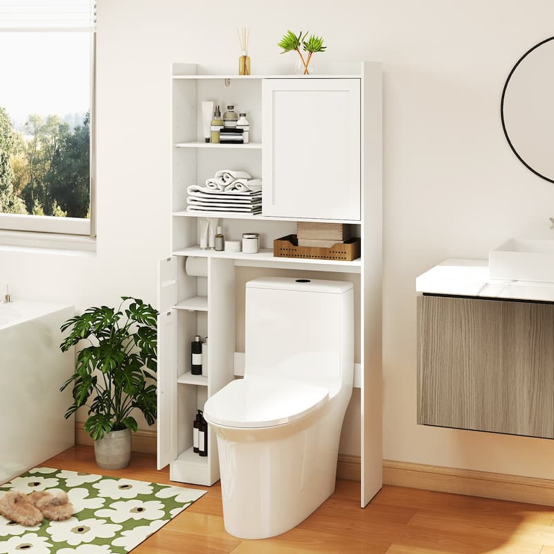 White MDF Over-the-Toilet Storage Cabinet with Sliding Door Adjustable Shelves and Toilet Paper Holder - 32.5" x 10" x 67.5"