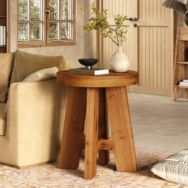Round Solid Wood End Table, Couch Side Bedside Accent Table for Bedroom Living Room