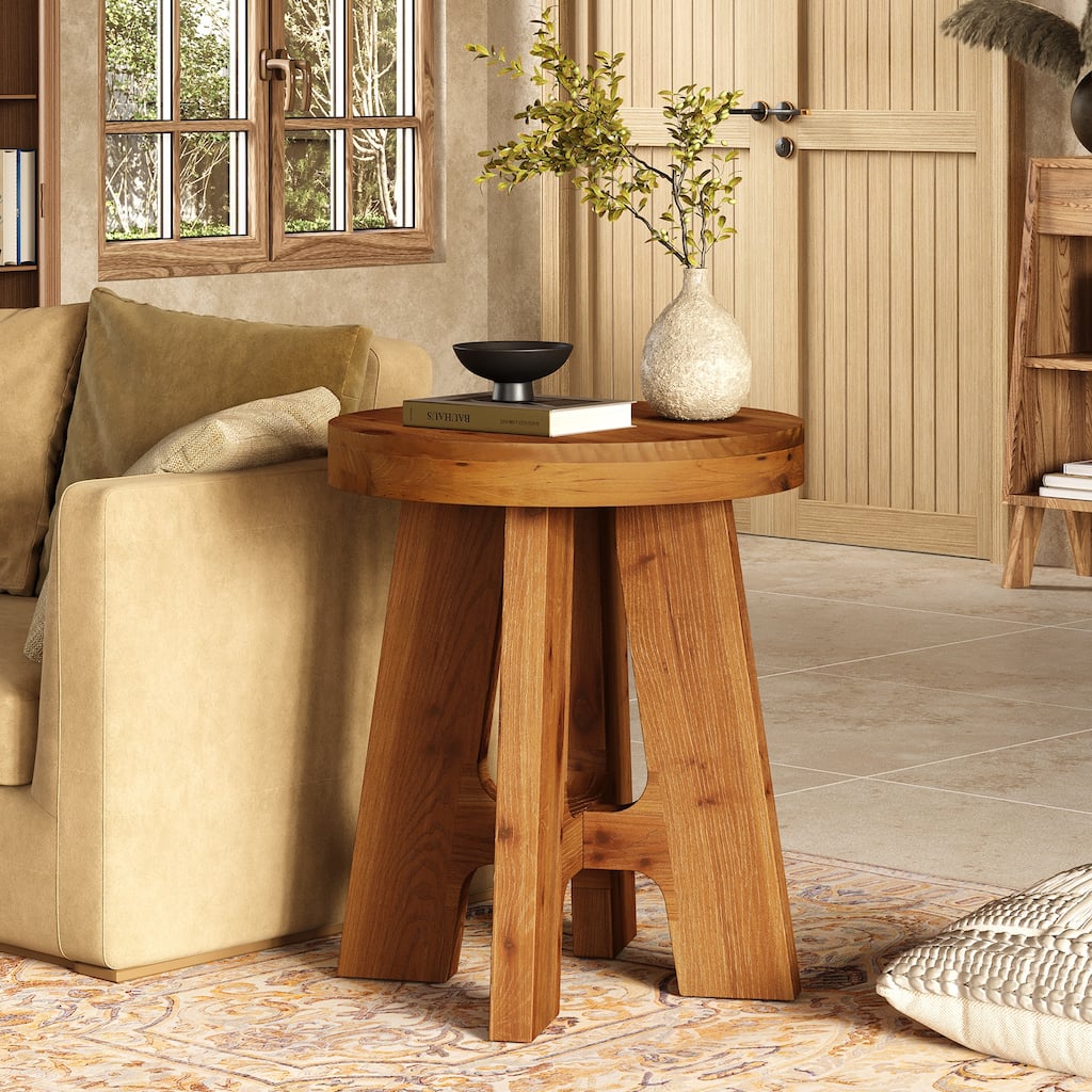 Solid Wood Round End Table, Farmhouse Small Round Side Table
