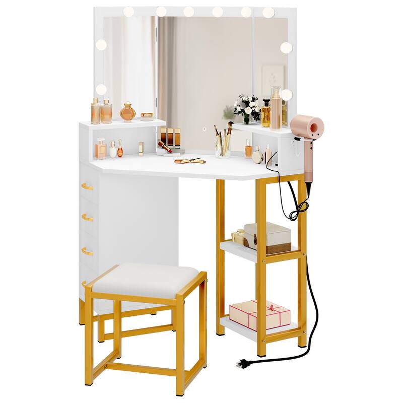 Modern 41.7" White Mirror Makeup Vanity Table with Stool and Light bulb - 41.7''L x 15.3''W x 55.3''H