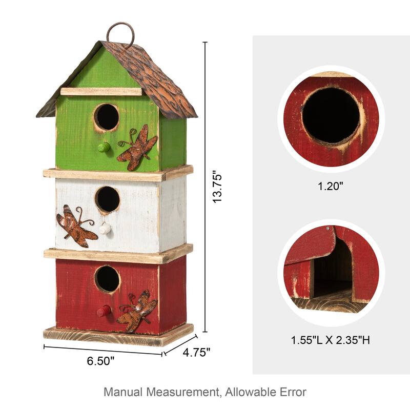 Glitzhome 13.75"H Multicolored 3-Tiered Distressed Solid Wood Birdhouse - 13.75"