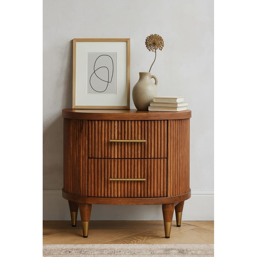 Solid Wood Ribbed Bedside with Brass Accents,Brown, 2-Drawers