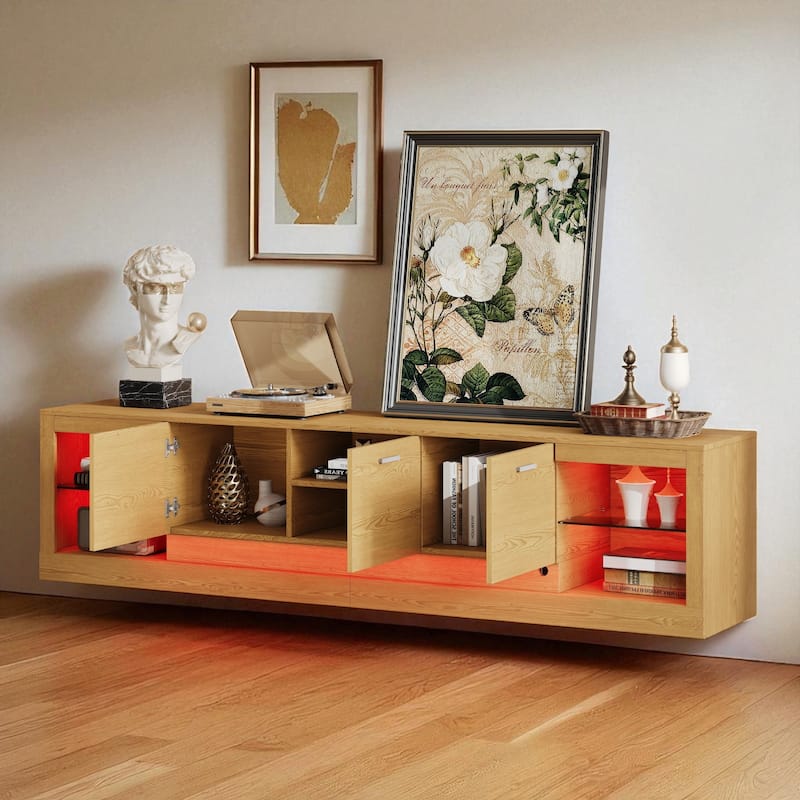 78.7 Inch Modern TV Stand with LED Lights, 6 Cabinets and 2 Open Shelves, Entertainment Center for TVs Up to 90 Inch