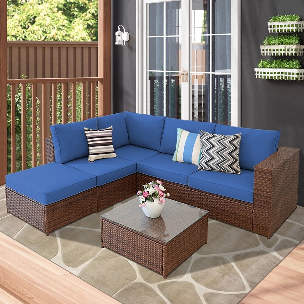 5 Pieces PE Wicker Rattan Corner Sofa Set black frame grey