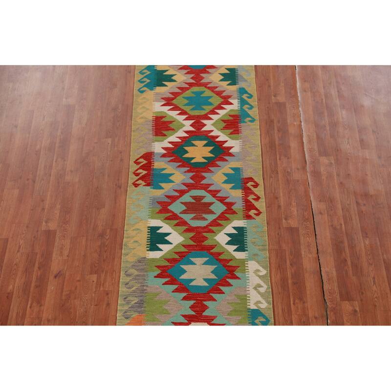 Hand Woven Oriental 100% Wool Carpet Southwestern Geometric Multi-Colored Kilim Runner Rug - 15' 11'' X 2' 7''