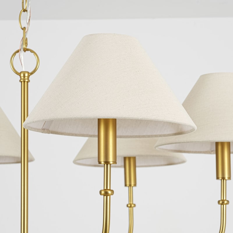 6-Light Mid-Century Modern Brass Chandelier with Beige Fabric Shades - Gold Finish Ceiling Light Fixtur for Living Room