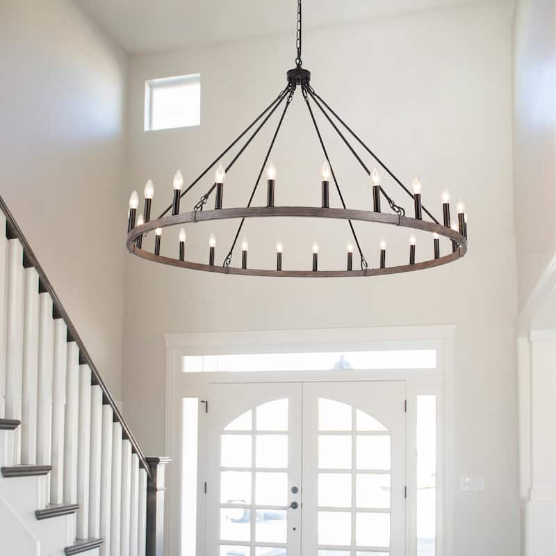 24 - Light 52in. Lagre Dimmable Wagon Wheel Chandelier Farmhouse Round Vintage Candle Style Light - N/A