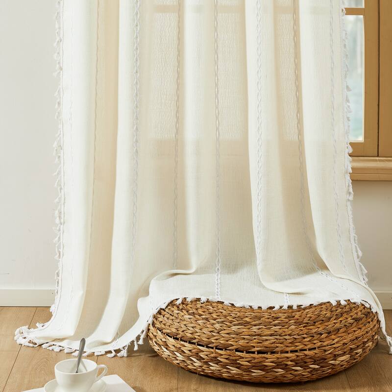 Deconovo Boho Sheer Curtain with Tassels & Embroidery 1 Panel