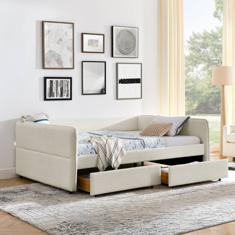 Daybed with Trundle Upholstered Tufted Sofa Bed, with Two Drawers, Queen Size, Boucle Fabric