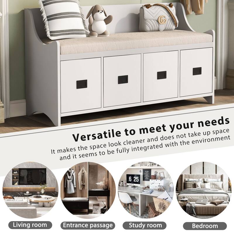 Movable Cushion Storage Bench With Drawers And Backrest Shoe Bench Bench With Removable Cushion
