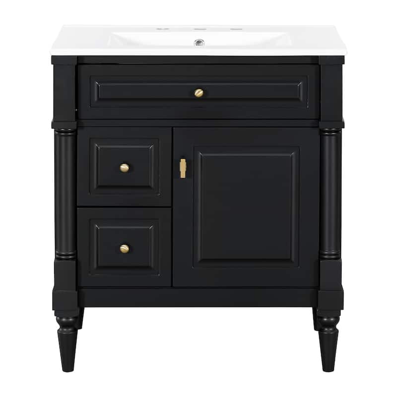 30" Bathroom Vanity with Sink, Freestanding Solid Rubberwood Cabinet with Flip Drawer & Adjustable Shelf