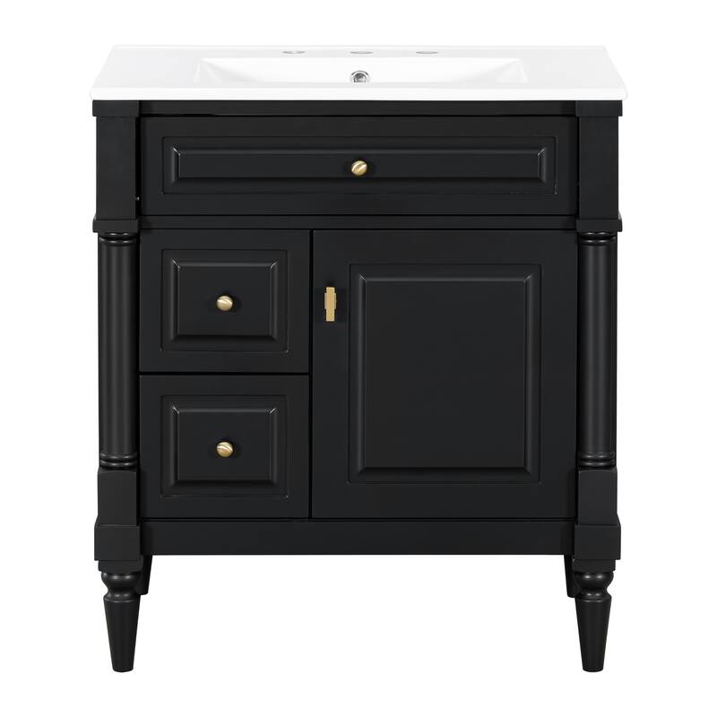 Roomfitters 30" Bathroom Vanity with Sink, Solid Wood Frame, Flip Drawer, 2 Drawers & Door Rack