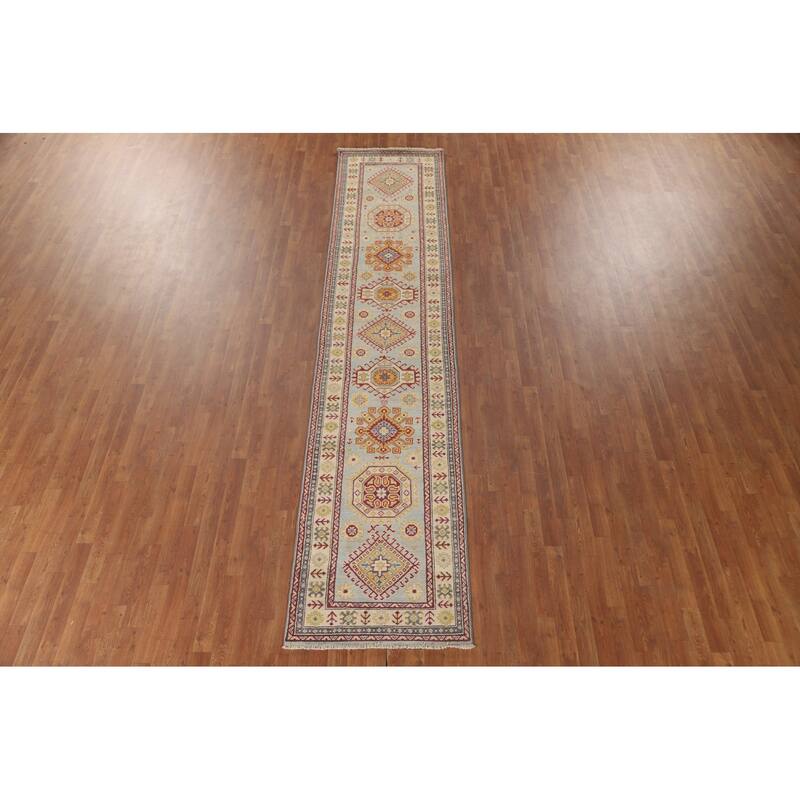 Kazak Runner Rug Handmade Traditional Blue Wool Carpet - 2'9" x 12'11"
