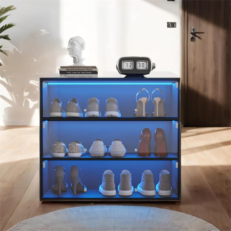 Wood Shoe Storage Cabinet with Glass Door and Led Light