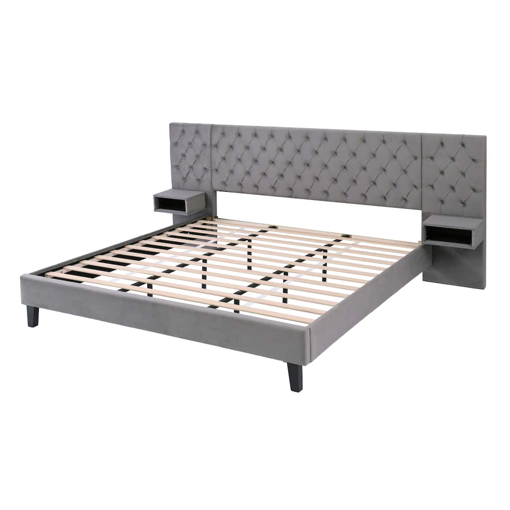 King Size Velvet Upholstered Platform Bed with Wingback Tufted Headboard and 2 Nightstands for Modern Bedrooms