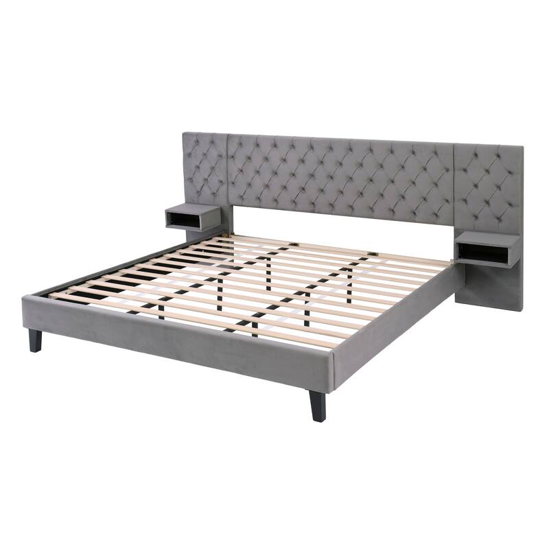Modern Velvet Upholstered Platform Bed with 2 Nightstands Storage Bed, Diamond Tufted Wingback Bed, Low Profile Panel Bed