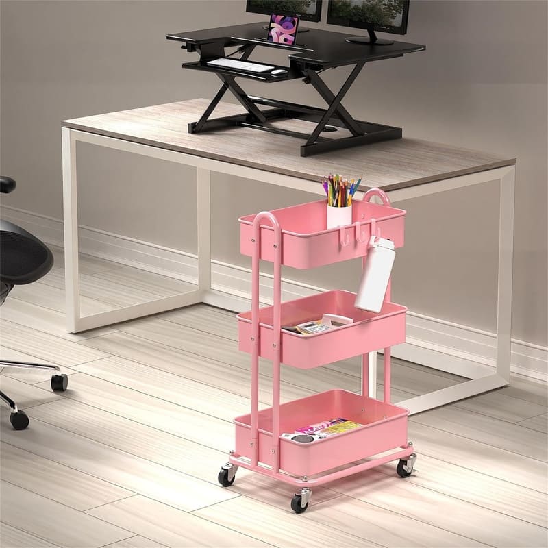 Heavy Duty 3-Tier Metal Utility Rolling Cart - 12.5"D x 17"W x 31.5"H - Pink
