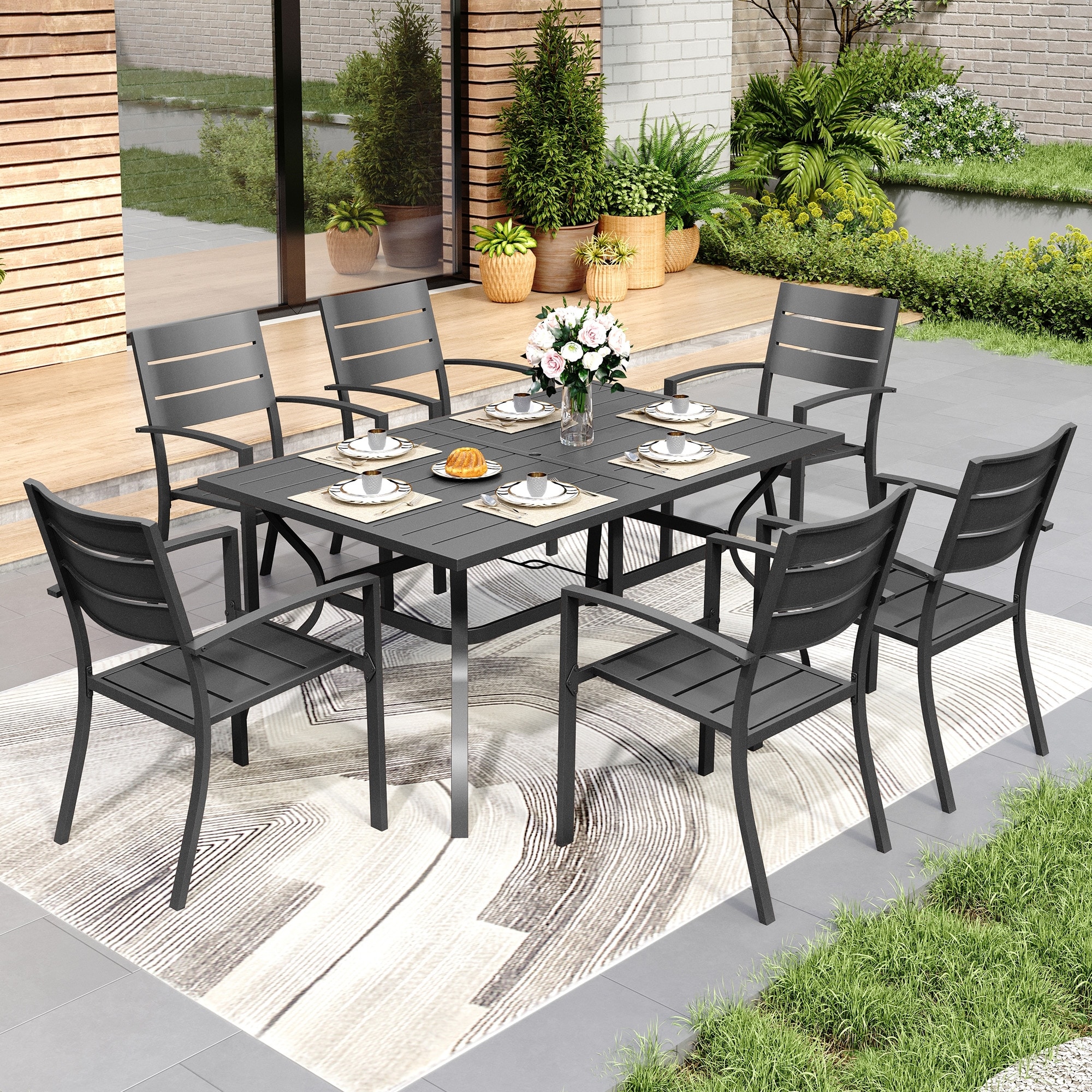 MAISON ARTS 7 Pieces Patio Dining Set with 1 Metal Table & 6 Stackable Dining Chairs