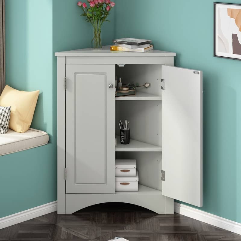 Corner Triangle Bathroom Storage Cabinet with Adjustable Shelves, Freestanding Floor Cabinet, Accent Cabinet for Living Room - Grey